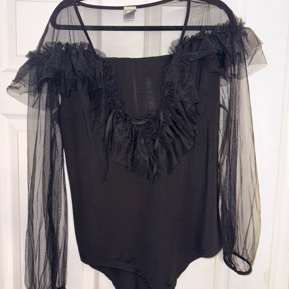 Liliana Black Sheer Ruffle Bodysuit